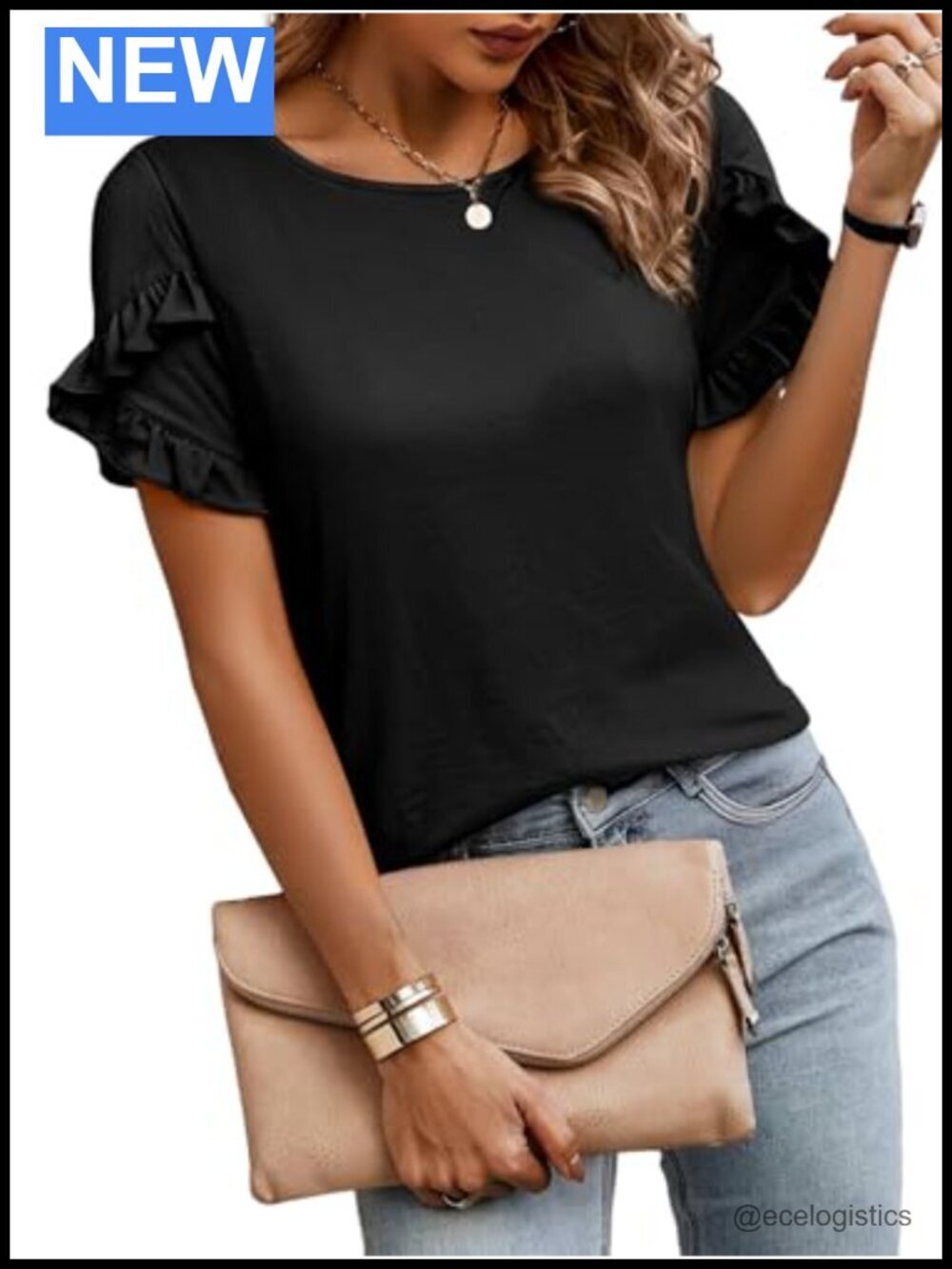 Ruffle Sleeve Short Sleeve Crewneck T-Shirt Women Business Casual Tee